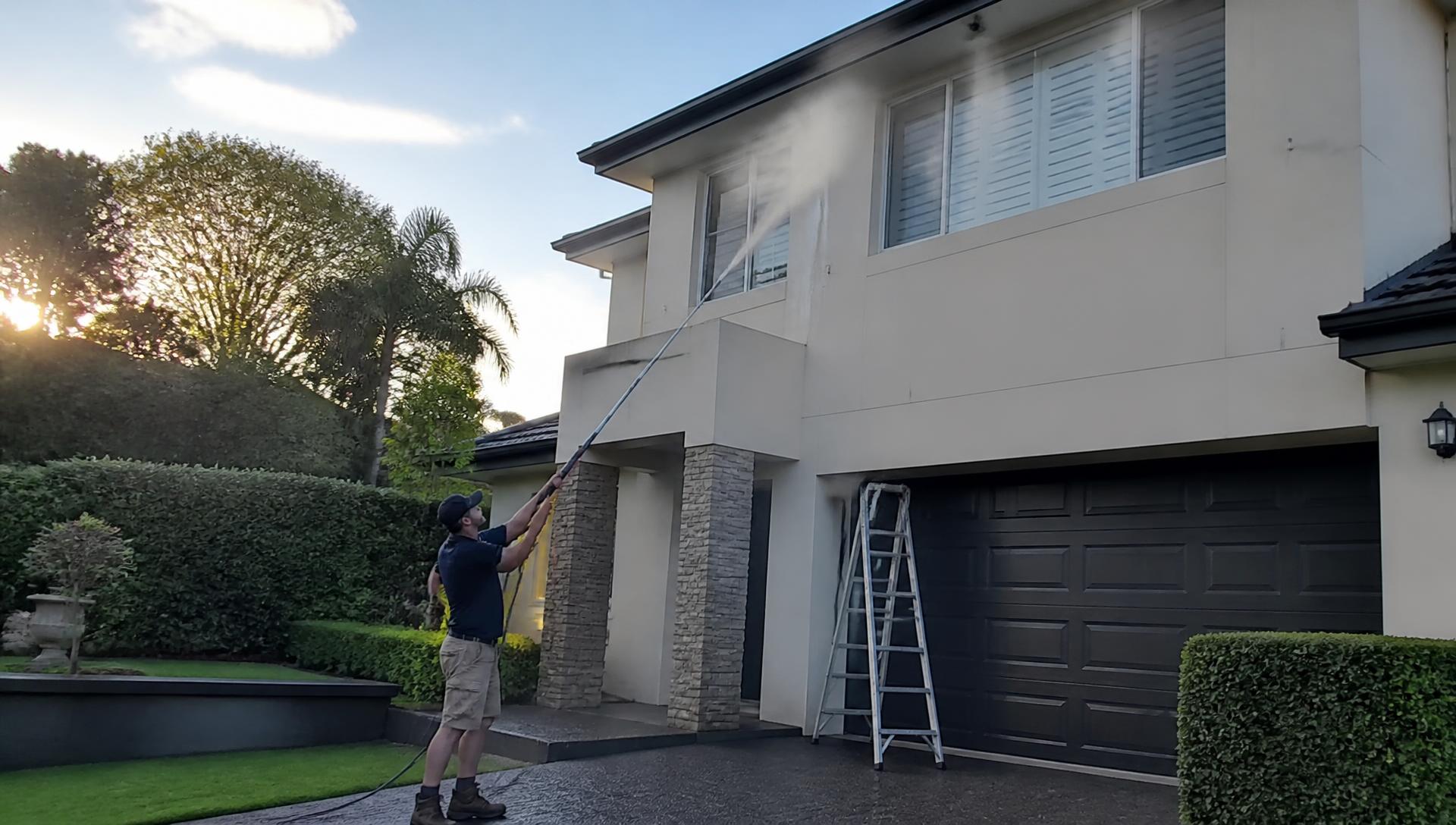 Exterior cleaning technician soft washing the render of a two-storey Sydney home